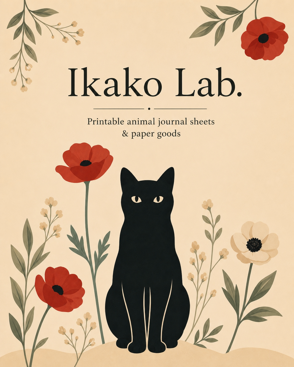 Ikako Lab.のブランドイメージ（黒猫と赤いポピー、装飾植物）